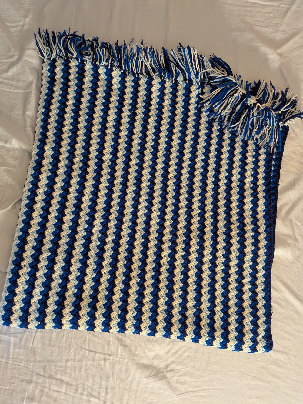 Handmade Blue Stripe Crochet Throw Blanket - Navy & White
